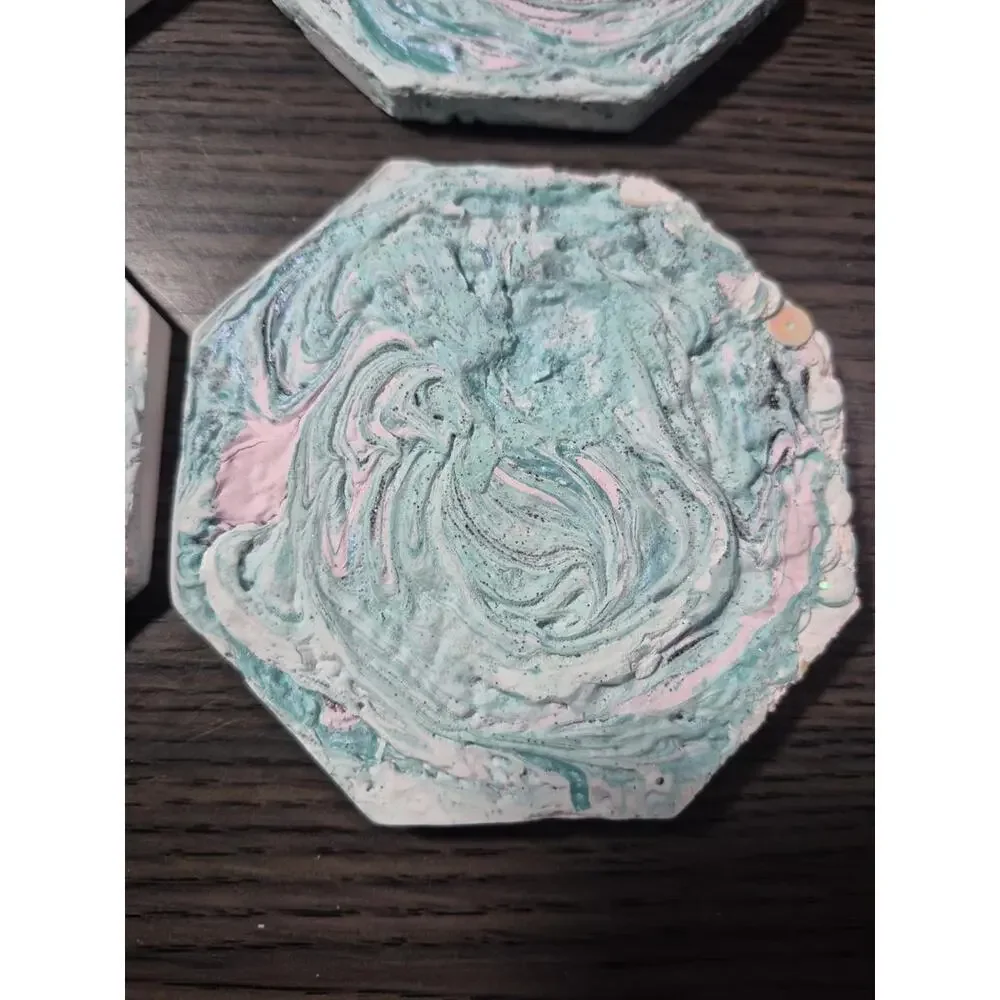 4 Teal/Pink White Marbled Eco Resin Stone Look Hexagon Coasters 4” Handmade